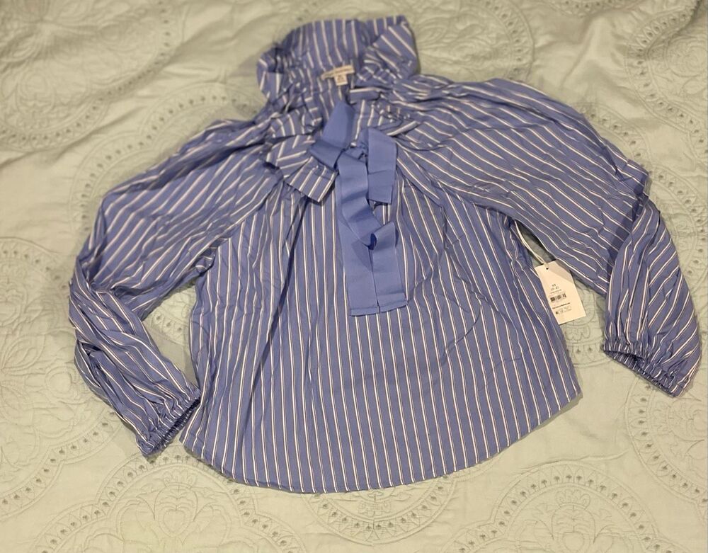 Free Assembly Blue Striped Mock Turtle Neck Blouse XS 0/2 New